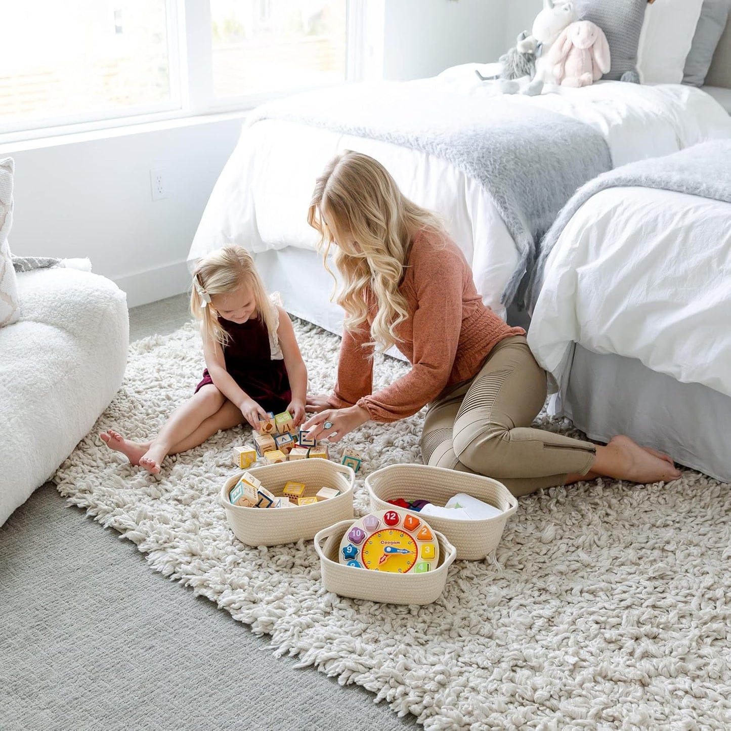 NaturalCozy 5-Piece Rectangle Storage Basket Set- Natural Cotton Rope Woven Baskets for Organizing! Small Basket for Montessori, Baby Nursery, Dog Toy Baskets, Cat Toy Box, Bathroom Organization Bin