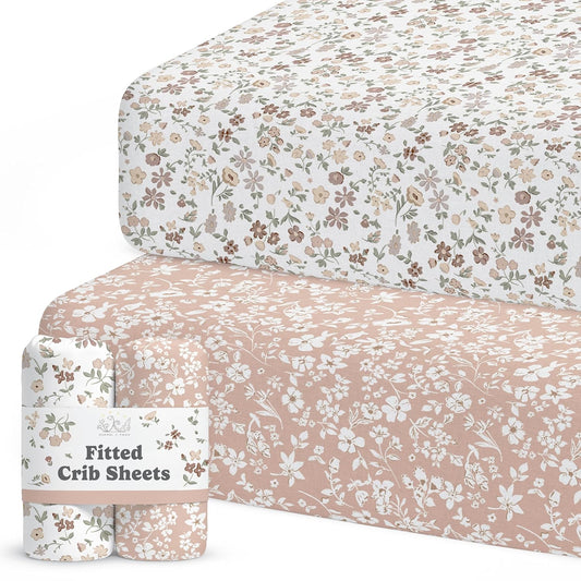 Crib Sheets Neutral - Fitted Baby Crib Sheets Bed for Girl Boy - 2 Pack Standard & Toddler Mattress - Buttery Soft Organic Cotton Blend (Fleurette)