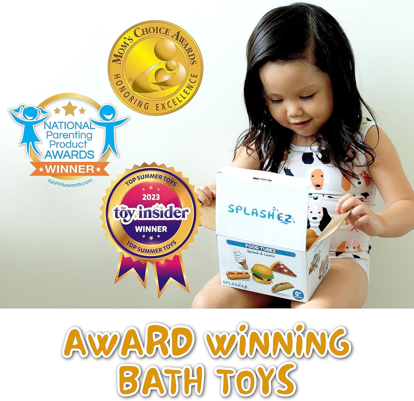 SplashEZ Food Bath Toys | Mold Free Bath Toys for Kids & Toddlers with No Hole for Water | Ideal Size for Little Hands | Safe, Durable for Baby Tub Ages 0 & Up | Ice Cream Taco Hamburger Hot Dog Pizza