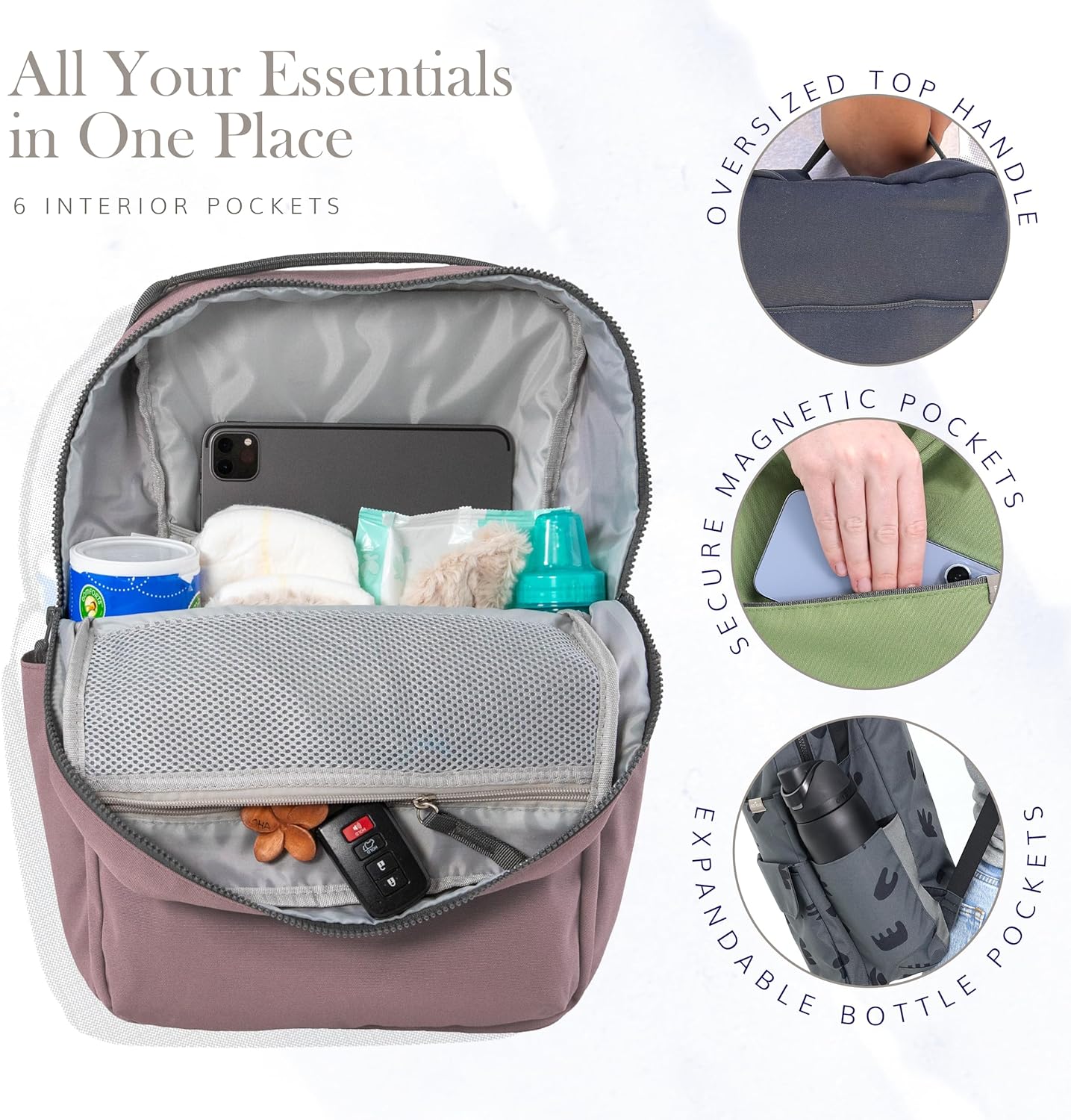 RED ROVR Roo Lightweight 1 LB Diaper Bag Backpack | 11 organizational pockets| Durable & Water-Resistant (Mauve)