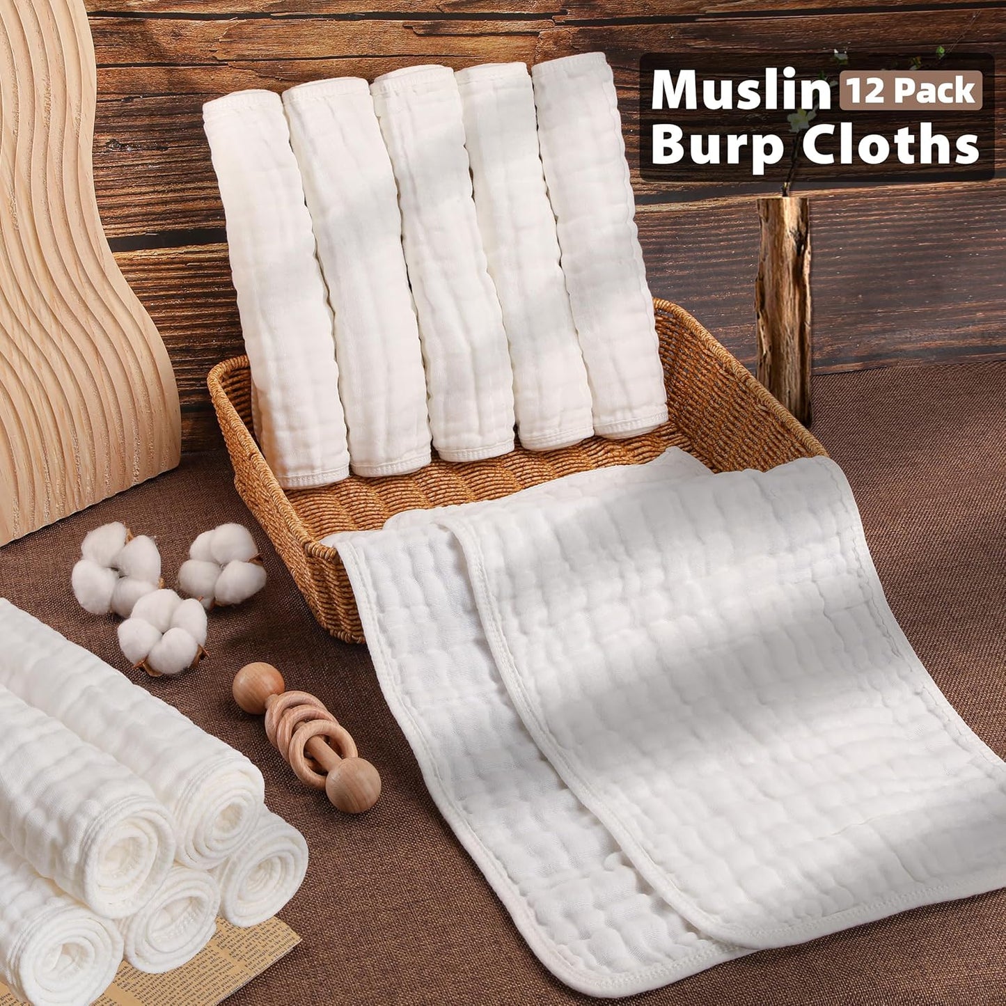 BHYTAKI 12-Pack Muslin Burp Cloths for Baby Boys & Girls, 20"X10" Essentials Large 100% Cotton Burp Rags, 6 Layers Extra Absorbent and Soft burping Cloths for Babies (White)