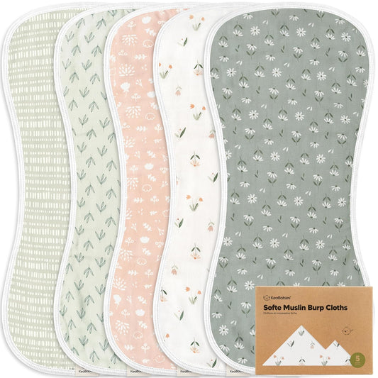 5-Pack Muslin Burp Cloths Baby Boy, Girl - Very Absorbent Baby Burp Cloth Rags, 8-Layers Viscose Derived from Bamboo Cotton Muslin Towel, Super Soft Spit Up Rags, No Shrink Washcloths (Fleur)