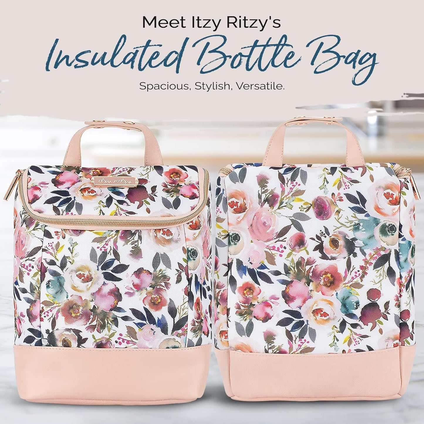 Itzy Ritzy Insulated Bottle Bag – Keeps Bottles Warm or Cool - Holds 3 Bottles & Features Interior Pocket for Ice Pack (Not Included), Blush Floral