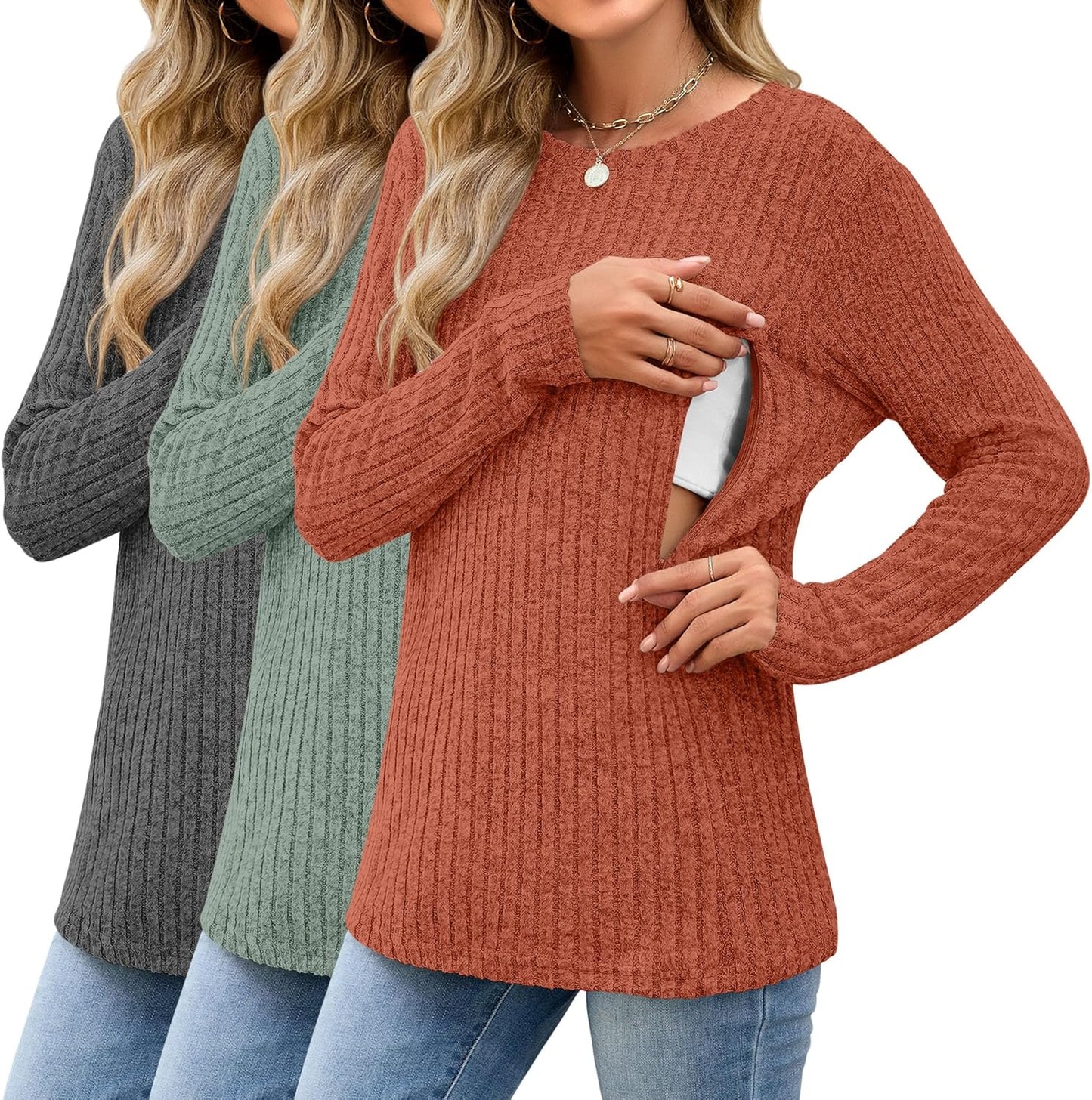 3 Pack Women's Nursing Long Sleeve Tops Breastfeeding Thermal Sweaters with Hidden Zipper Maternity Ribbed Shirts