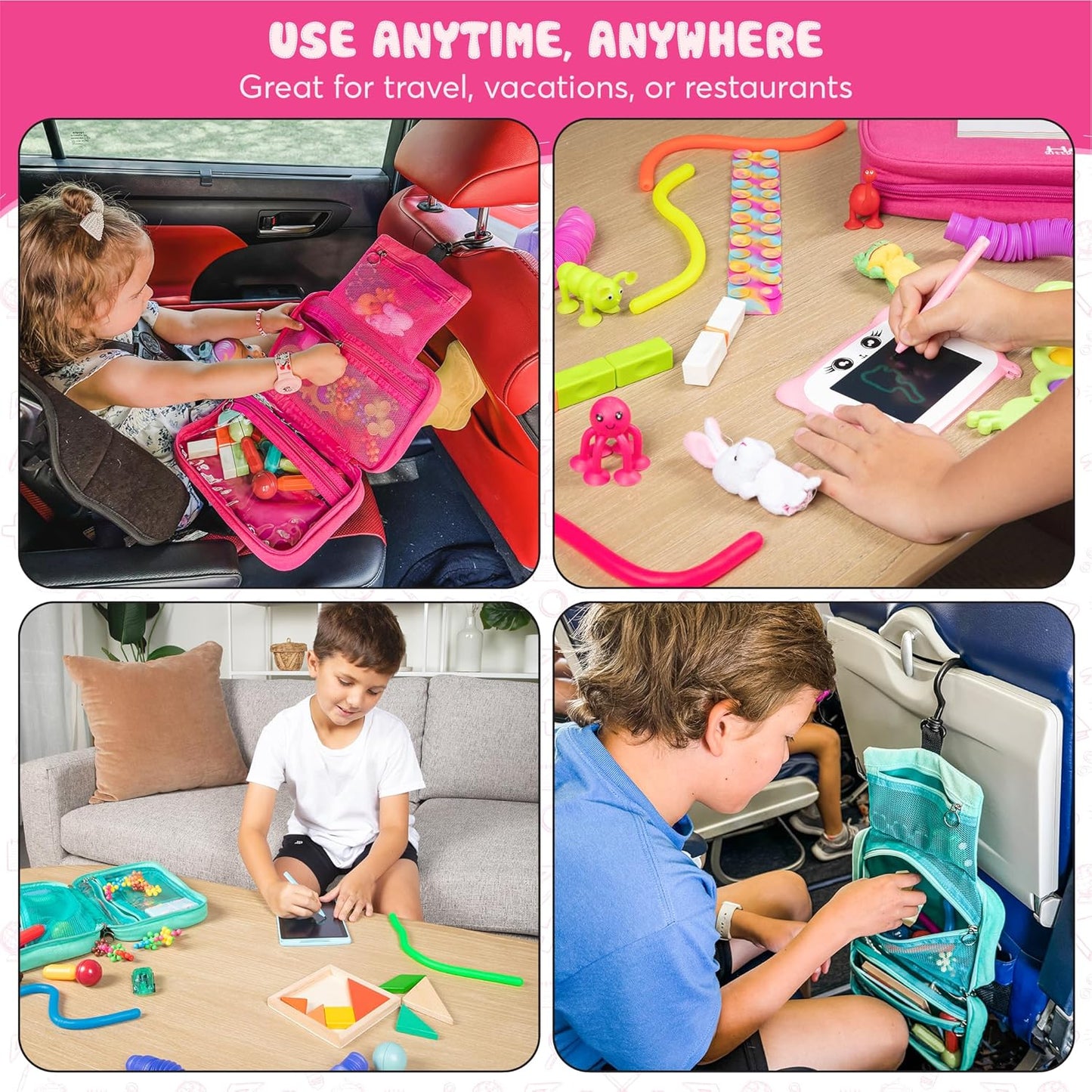 Travel Essentials for Kids – All-in-One Hanging Bag with Kid Toys, Road Trip Activities for Kids, Sensory Toys & Travel Games for Airplane Trips, Car Rides, Gifts for Boys & Girls 4+ Years (Seafoam)