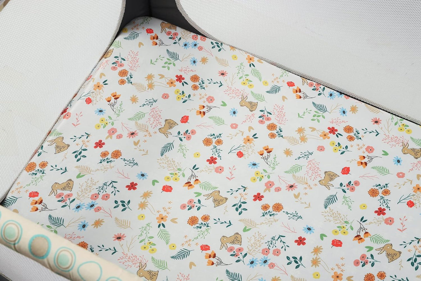 Onacosht Pack n Play Fitted Sheets for Baby Girl 2 Pack Set Soft Jersey Knit Sheets for Mini Crib Mattress and Playard Mattress, Rabbit Floral and Owl Printing