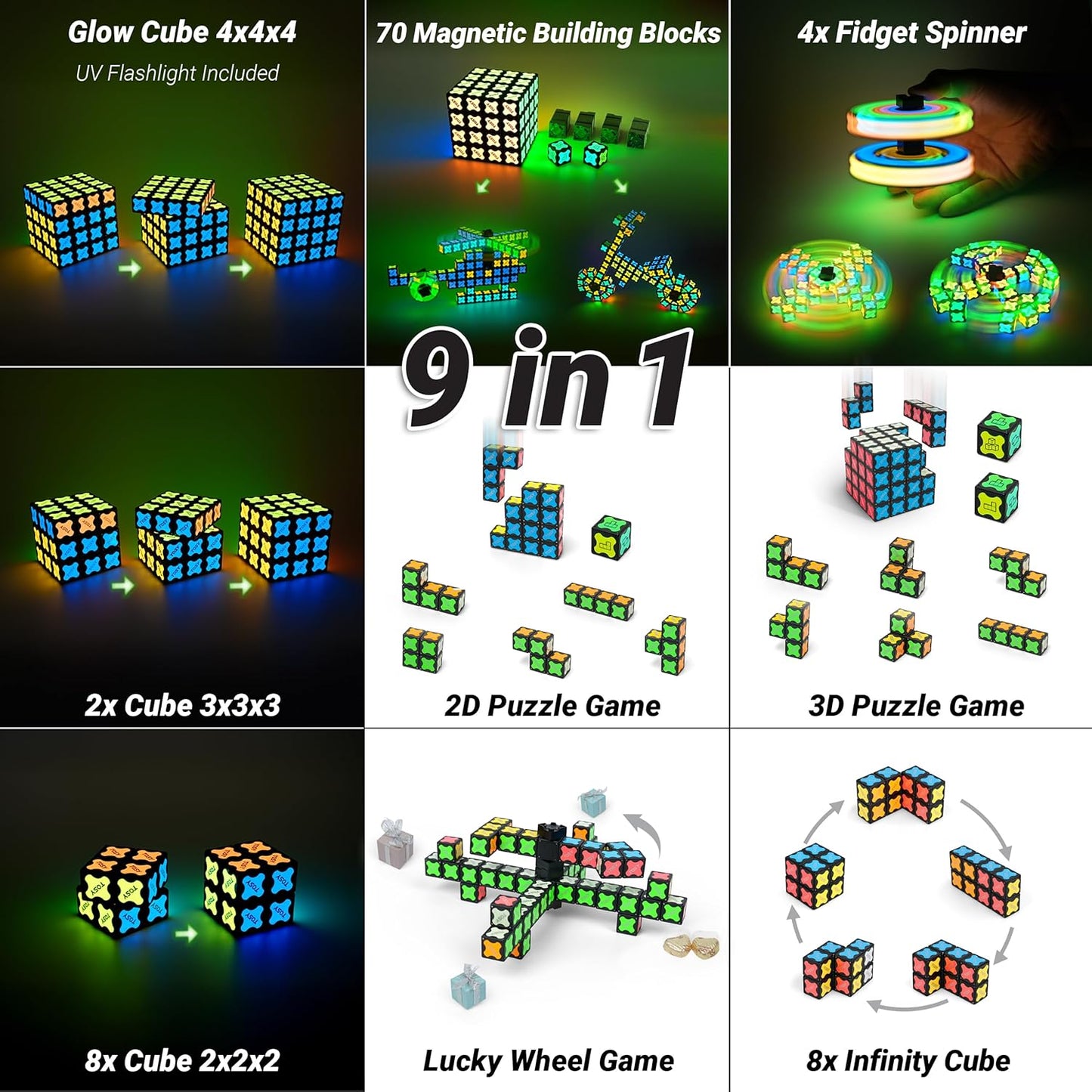 TOSY Magnet Cube 4x4 - 70 Blocks, 560 Magnets, Multipurpose: Creative Building Blocks, Transformable Fidget Spinner, Puzzle/Infinity Cube, Christmas Stocking Stuffers Gift for Kids, Glowing STEM Toy