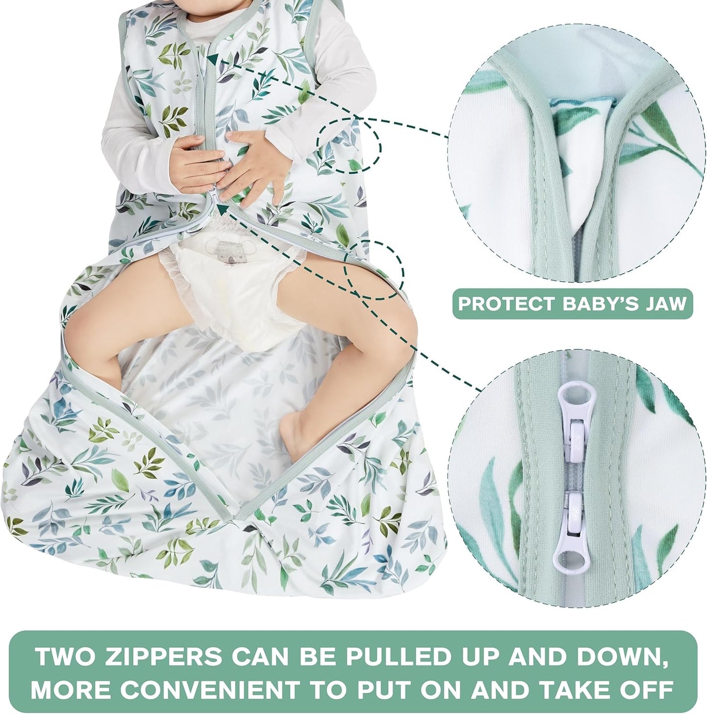 Newborn Sleep Sack Baby Swaddle,0-12 Months,3-Way Adjustable Wearable Blanket,Swaddling Sleeping Bag (Leaf&Clouds, 6-12 Months)