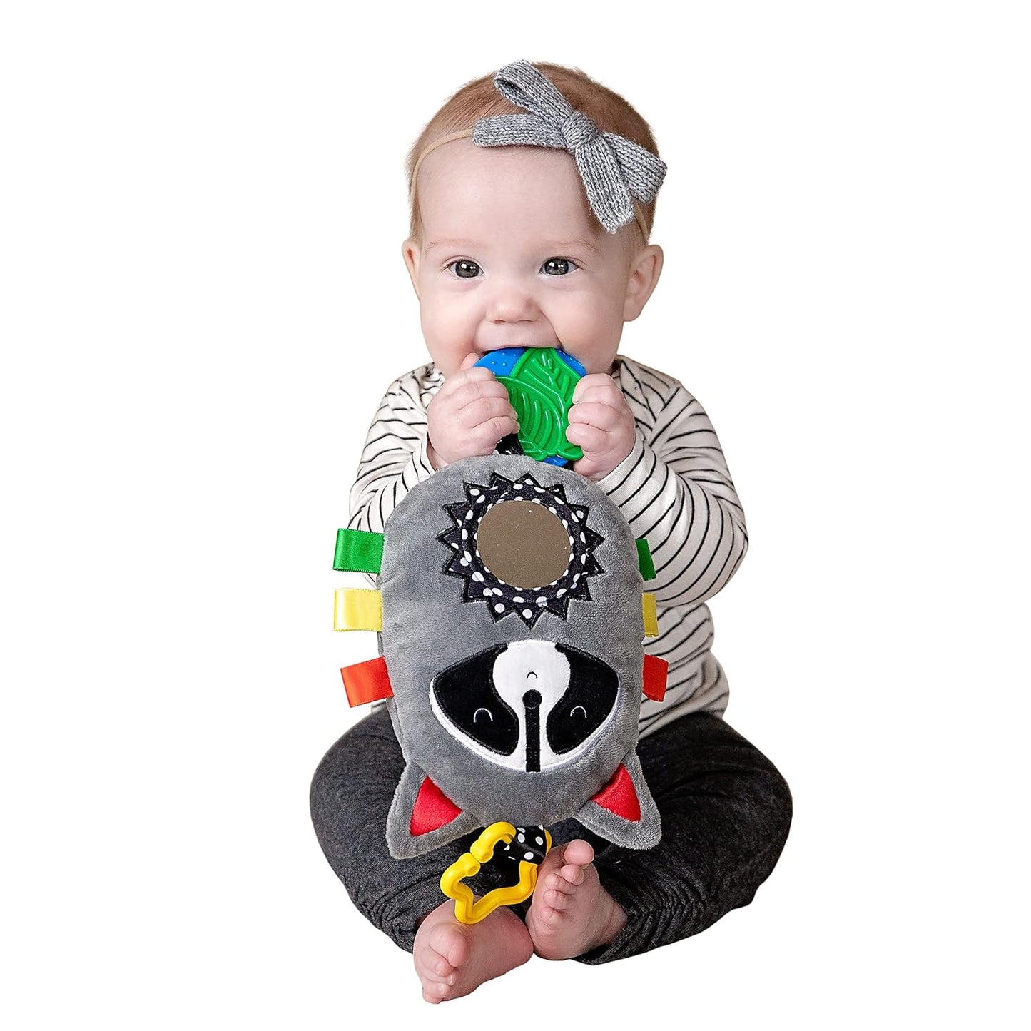 Squish 'N Play Raccoon Activity Toy- Multi-Sensory Learning Baby Toy - Stroller Toy, Car Seat Toy, Tummy Time Toy, Teether Toy, Baby Gift - with Mirror, Rattle & Taggies
