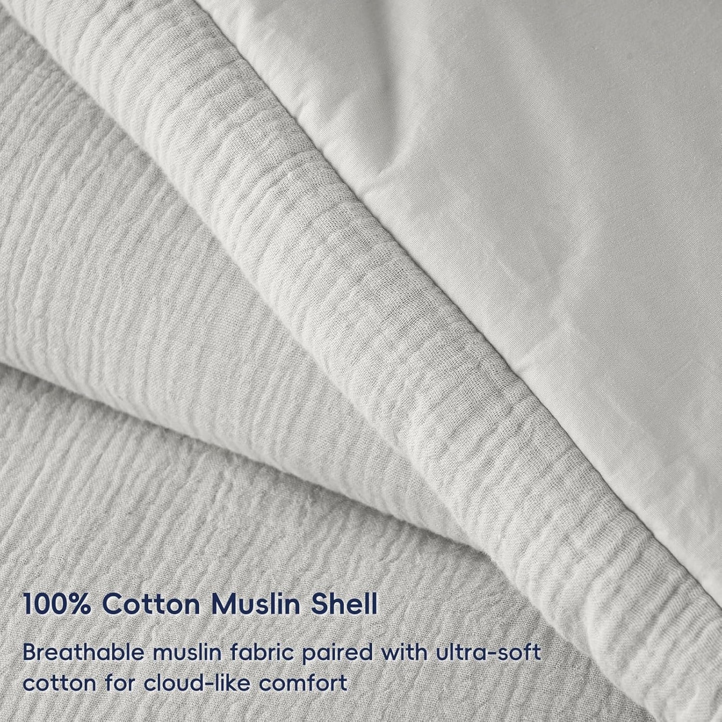 PHF Cotton Muslin Comforter Set Queen Size – Ultra Soft, Breathable & Lightweight Bedding Set for All Seasons, 3 Pieces - 1 Comfy Comforter 90"x90", 2 Pillow Shams 20"x26", Light Grey