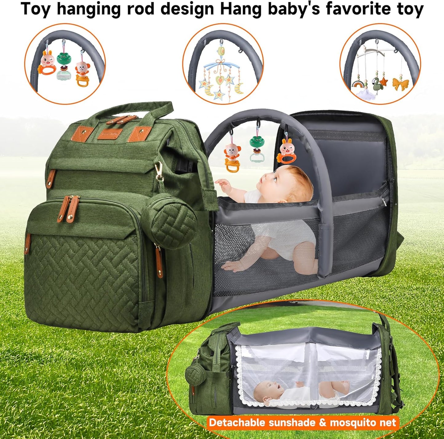 Baby Bag Diaper Bags with Changing Station, Large Capacity Diaper Bag Backpack for Moms Dads with USB Charging Port, Waterproof Diaper Backpack（Army Green）