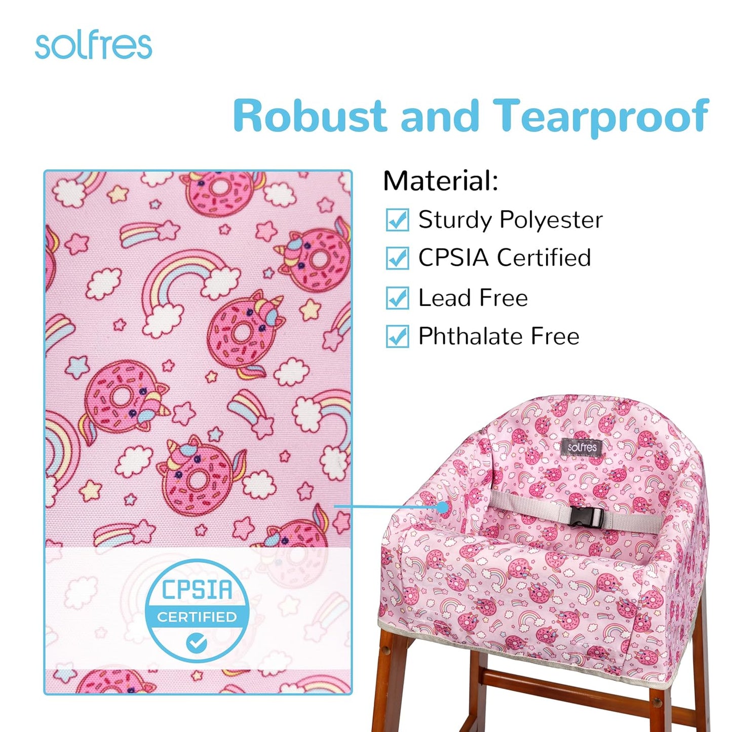Solfres Dual-Belt High Chair Cover, Baby High Chair Cover, Upgrade Version, for Wooden or Restaurant High Chair, Sturdy and Robust Material, Rainbow Unicorn Donut