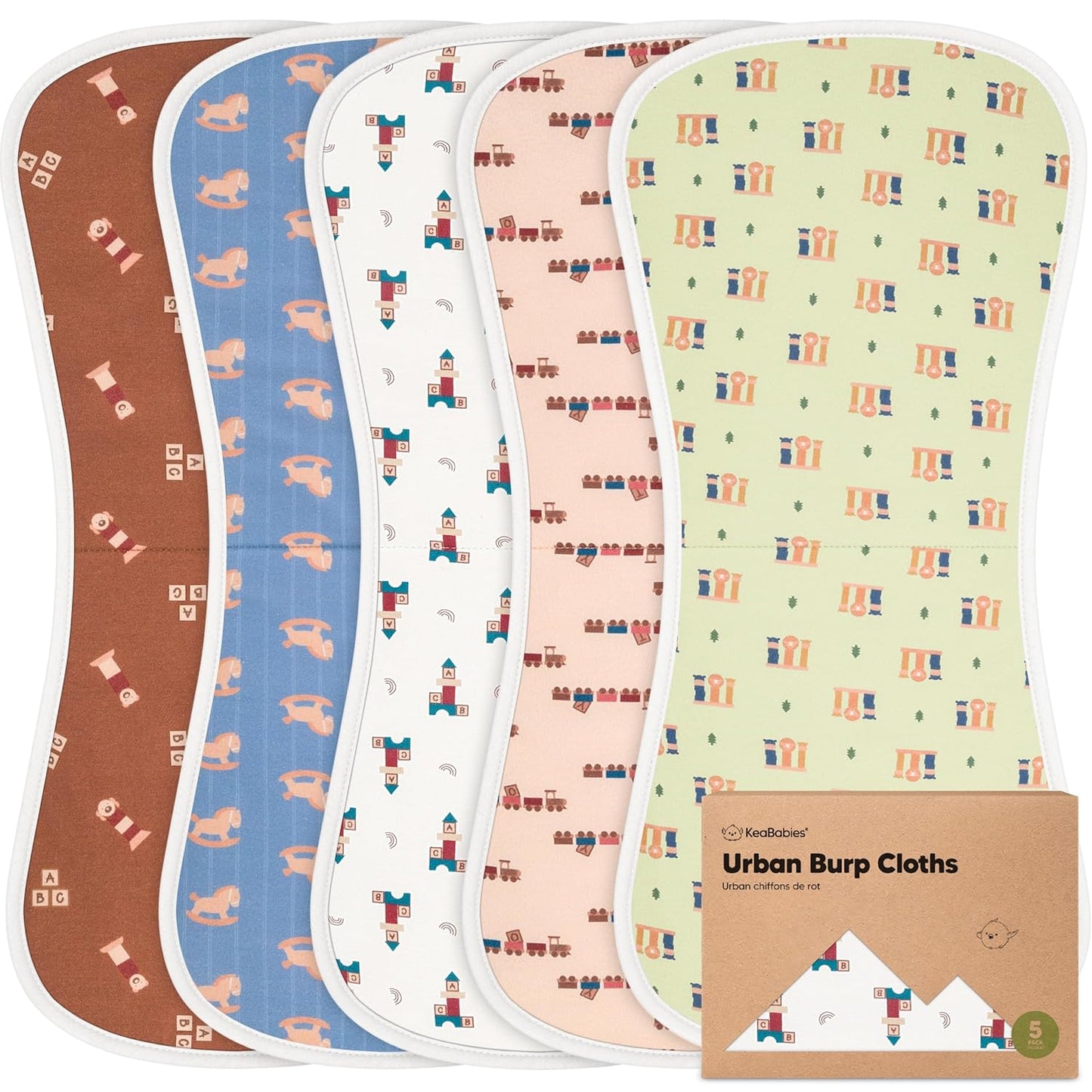 Organic Burp Cloths Baby Boy & Girl - 5-Pack Super Absorbent Cotton Burping Cloths for Babies, Soft & Plush Newborn Spit Up Rags, Infant Towels for Milk Spit Up, Unisex, Large 21" x 10" (Toy Land)