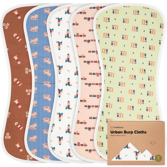 Organic Burp Cloths Baby Boy & Girl - 5-Pack Super Absorbent Cotton Burping Cloths for Babies, Soft & Plush Newborn Spit Up Rags, Infant Towels for Milk Spit Up, Unisex, Large 21" x 10" (Toy Land)