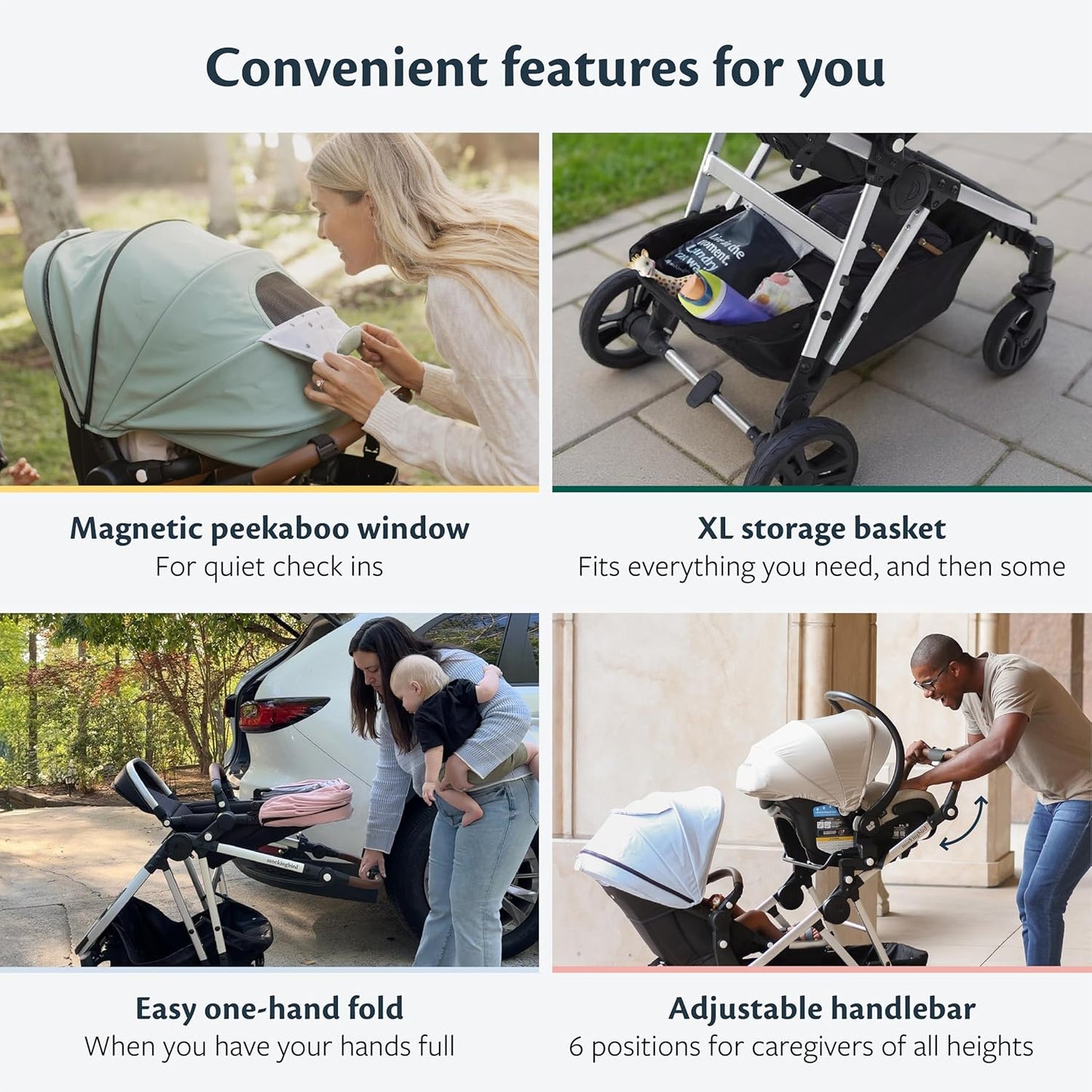 Mockingbird Single-to-Double Stroller 2.0 - Convertible Full-Size Baby Stroller for 1, 2 or 3 Kids - Includes Cup Holder - Sea