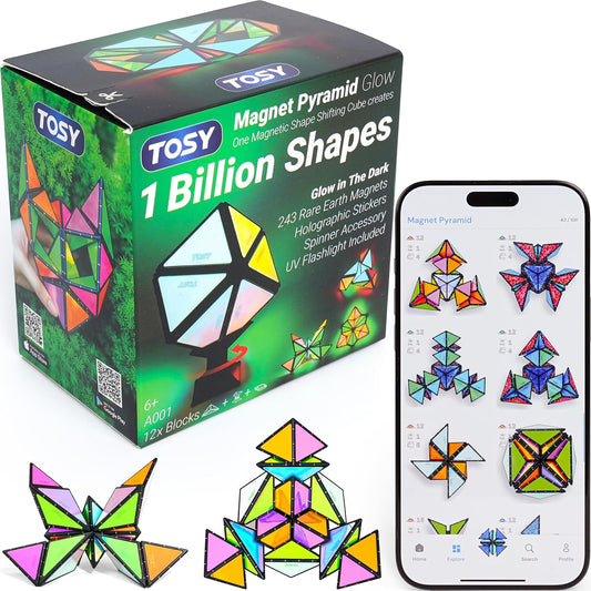 TOSY Magnet Pyramid Glow - 1 Cube Transforms into 1 Billion Shapes, 15 pcs (12 Puzzle pcs & 3 Accessories), 243 Magnets, Glowing, Christmas Stocking Stuffers Gift for Kids, Creative Puzzle STEM Toy