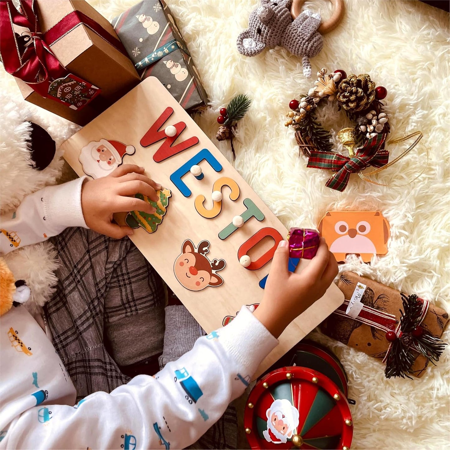 Personalized Name Puzzle for Kids Engraved Text Greetings on Back Custom Wooden Name Signs with Pegs for Baby Boy & Girl 1 Year Old Nursery Gifts Educational Toys Toddler Puzzles for Newborn