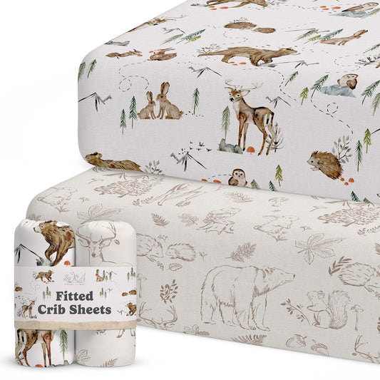 Crib Sheets Neutral - Fitted Baby Crib Sheets Bed for Girl Boy - 2 Pack Standard & Toddler Mattress - Buttery Soft Organic Cotton Blend (Magic Forest)