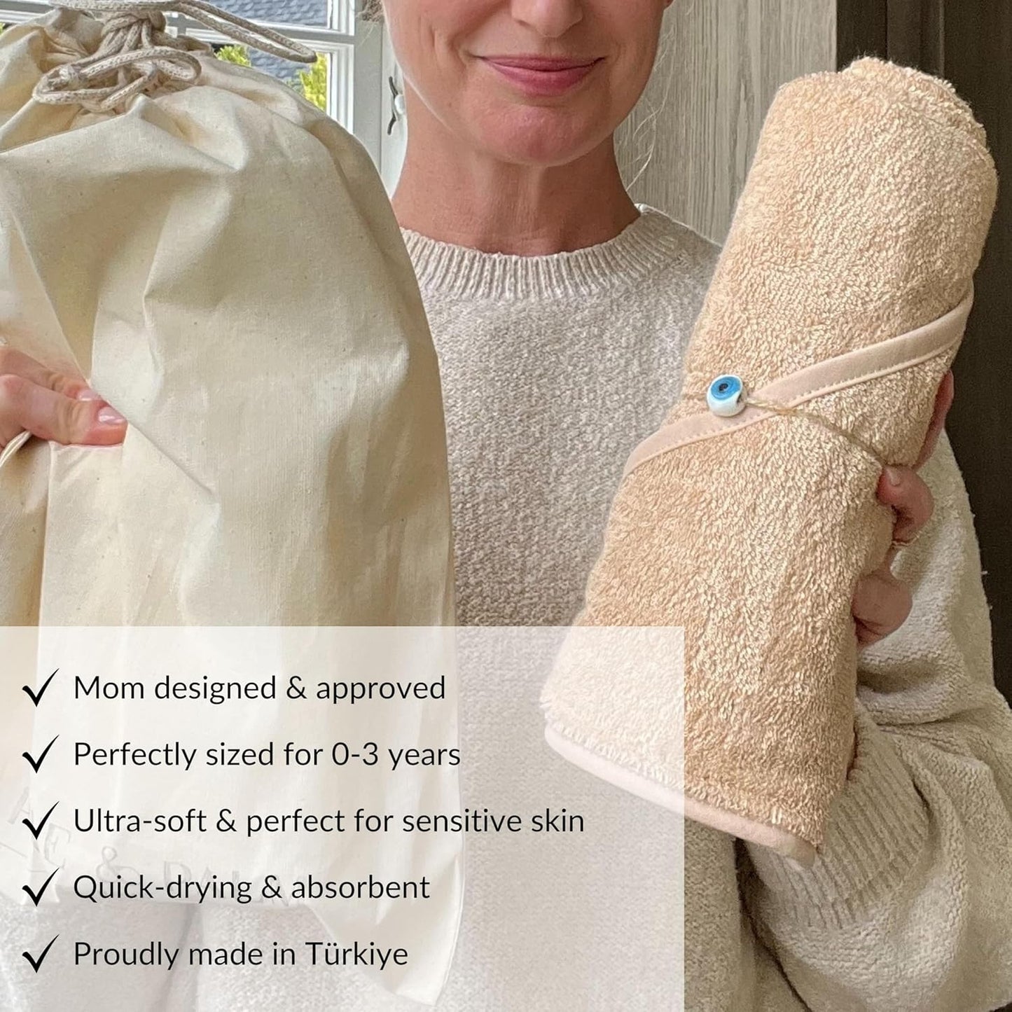 Pine & Palm Home Hooded Baby Towel – Turkish Cotton & Rayon from Bamboo, Soft & Absorbent, Quick-Dry | Neutral Newborn & Toddler Bath Towel | Gift-Ready Bag (Wheat)
