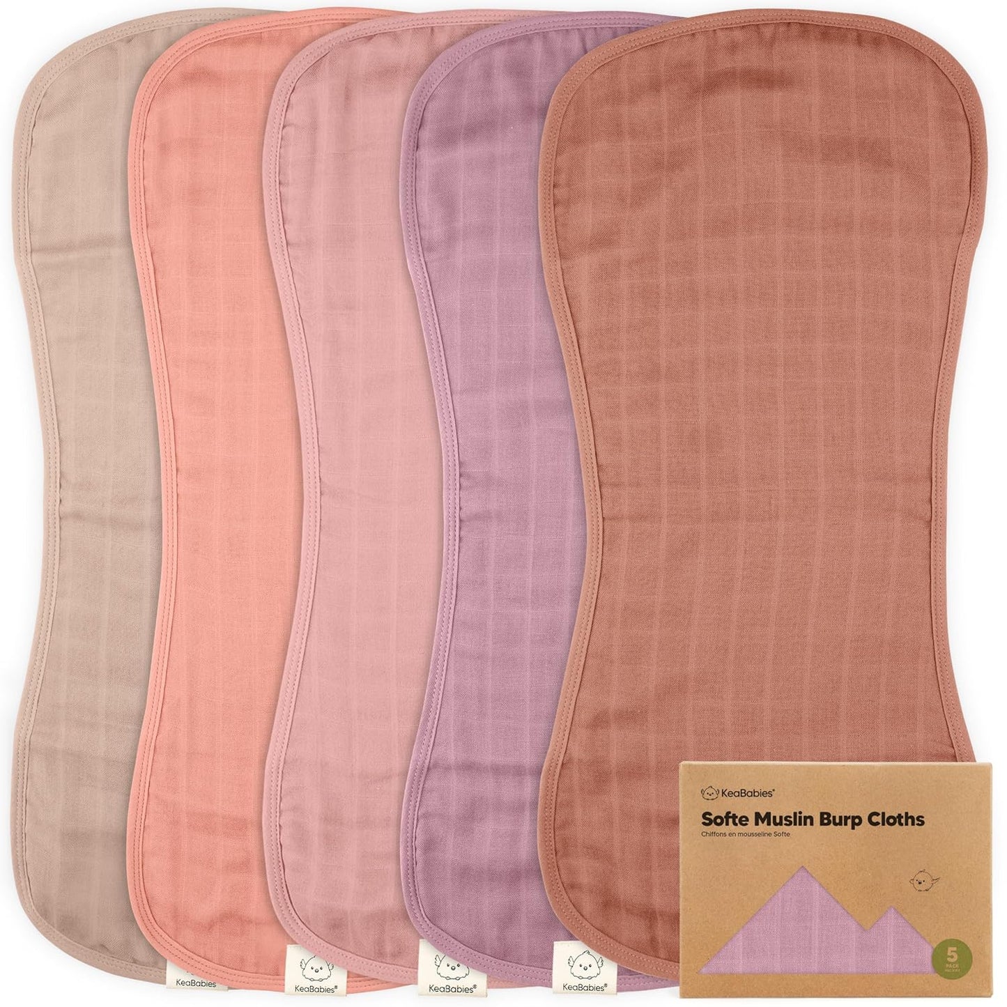 5-Pack Muslin Burp Cloths Baby Boy, Girl - Very Absorbent Baby Burp Cloth Rags, 8-Layers Viscose Derived from Bamboo Cotton Muslin Towel, Super Soft Spit Up Rags, No Shrink Washcloths (Mauve)