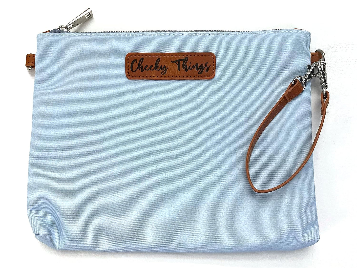 Stylish Diaper Bag Organizing Pouches - XL Set of 4 Light Blue Canvas Diaper Bag Pouches with Leather Embossed Labels, Leather Wristlet Strap & Durable Metal Zippers