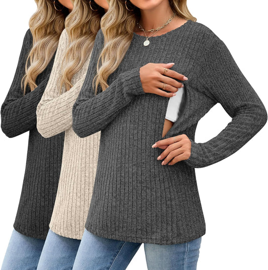 3 Pack Women's Nursing Long Sleeve Tops Breastfeeding Thermal Sweaters with Hidden Zipper Maternity Ribbed Shirts