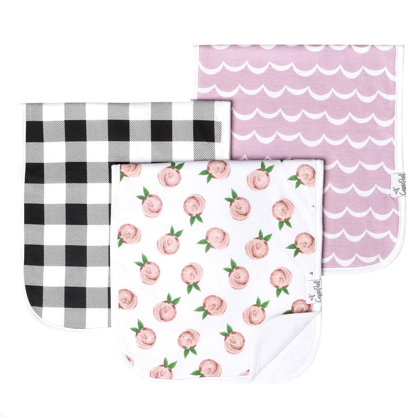 Copper Pearl Premium Baby Burp Cloths - 3-Pack Large Cotton Burp Cloths, Extra Soft Spit Up Rags with 3 Absorbent Layers, Perfect for Baby Girl Gifts (21" x 10" Size, Rosie Set)