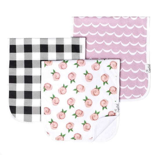 Copper Pearl Premium Baby Burp Cloths - 3-Pack Large Cotton Burp Cloths, Extra Soft Spit Up Rags with 3 Absorbent Layers, Perfect for Baby Girl Gifts (21" x 10" Size, Rosie Set)