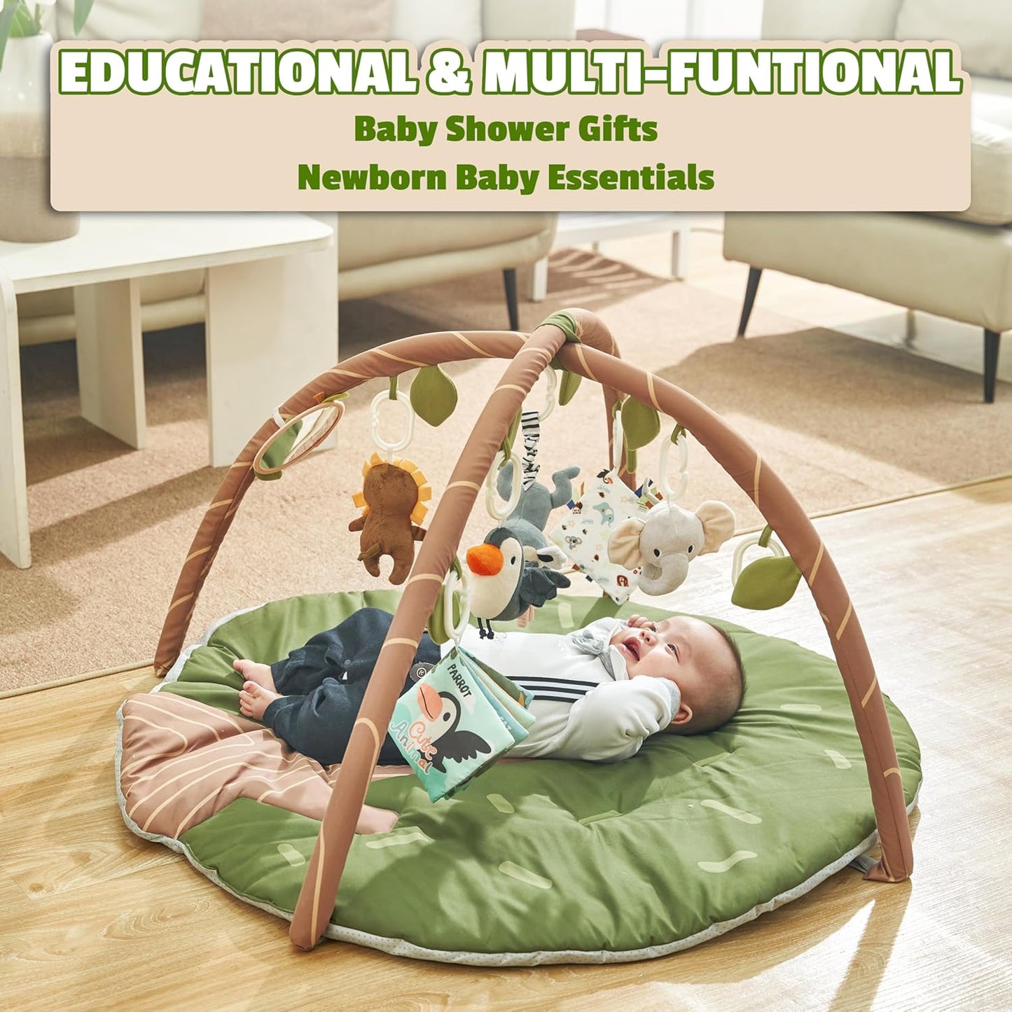 Baby Play Gym Mat - 8-in-1 Activity Playmat with Detachable Toys for Sensory Development - Thick, Oversized, Washable & Non-Slip Baby Floor Mat - Perfect Tummy Time Mat for Infants 0 6 12 Months