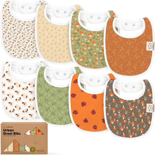 8-Pack Organic Baby Bibs for Boys, Girls - Soft Cotton Drooling and Teething Bibs for Baby Girl & Boy, Extra Absorbent, Easy to Clean & Put On for Toddler, Newborn, Infant 0-24 Months (Fall Spores)