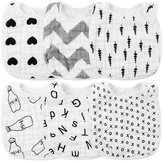 Zainpe 6Pcs Snap Muslin Cotton Bibs for Baby Love Heart Milk Letter Pattern Bib with 6 Absorbent Soft Layers, Machine Washable Burp Cloths for Infants Newborns Toddlers Drooling Feeding and Teething