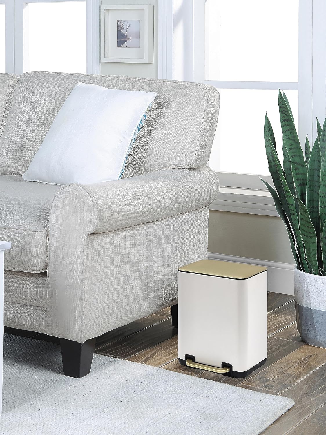 SunnyPoint 6 Liter(1.58 Gallon) Small Trash Can with Plastic Inner Buckets; Rectangle Bathroom, Office, Kitchen, and Bedroom Step On and Slow Close (WHT+Gold)