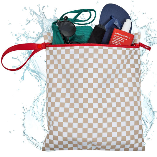 Bodysurf Waterproof Wet Bag for Swimsuit, Travel, Baby Essentials - Reusable Compact Organizer & Lightweight Storage for Dirty Laundry, Cloth Diapers, Gym, Yoga, Beach, Pool - Tan, Checkered