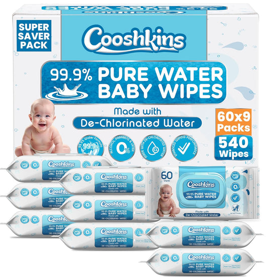 Bulk 540 Wipes – 60 Count (Pack of 9) De-Chlorinated Pure Water Baby Wipes | Gentle Unscented Wipes for Sensitive Skin | 99.9% Pure Water Based | Alcohol-Free, Paraben-Free | Soft & Thick