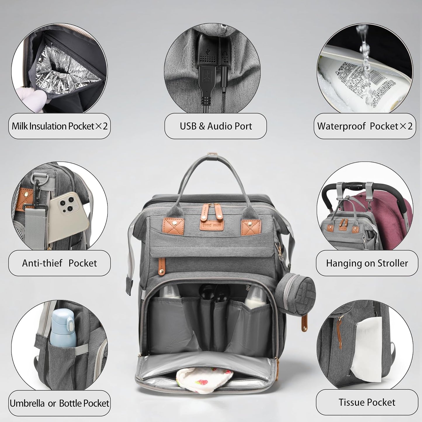 Diaper Bag Backpack with Changing Station, Multifunction Travel Baby Bag, Waterproof Baby Tote, Large Capacity Mommy Bag, Newborn Essentials Backpack Bag, Unisex, Gray
