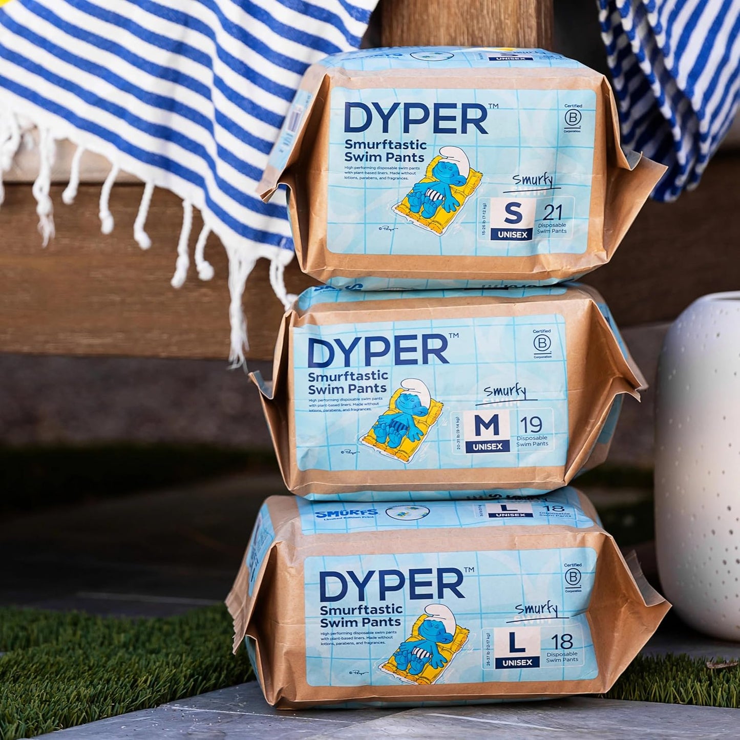 DYPER Smurftastic Baby Swim Diapers, Hypoallergenic Plant-Based Disposable Swim Diapers | Eco-Friendly & Absorbent Swimming Diapers for Babies, Size M (19 Count)