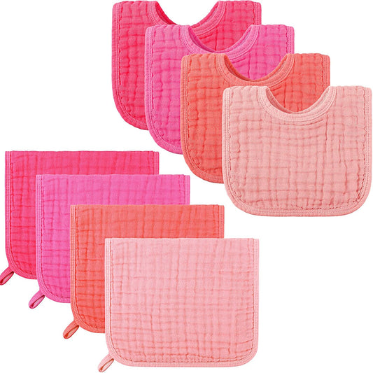 Tatuo 8 Pcs Baby Muslin Bibs & Burp Cloths 6 Absorbent Layer 100% Cotton Unisex Baby Bibs for Drooling and Teething