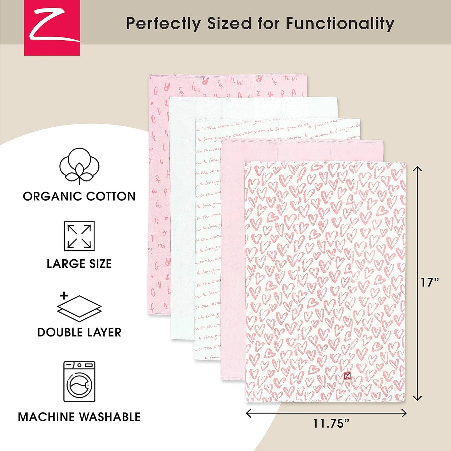 Zutano 5-Pack Organic Burp Cloths for Baby Girl & Boy, Large Cotton Burping Cloths for Babies | Absorbent Baby Spit-Up Rags | Gender Neutral Burp Clothes | Newborn Essentials, Pink Hearts