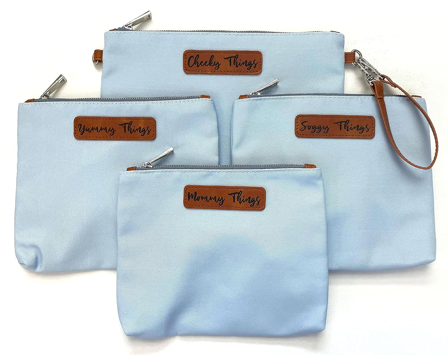 Stylish Diaper Bag Organizing Pouches - XL Set of 4 Light Blue Canvas Diaper Bag Pouches with Leather Embossed Labels, Leather Wristlet Strap & Durable Metal Zippers