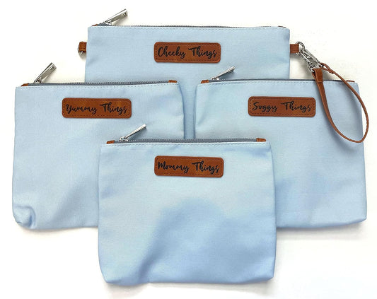 Stylish Diaper Bag Organizing Pouches - XL Set of 4 Light Blue Canvas Diaper Bag Pouches with Leather Embossed Labels, Leather Wristlet Strap & Durable Metal Zippers