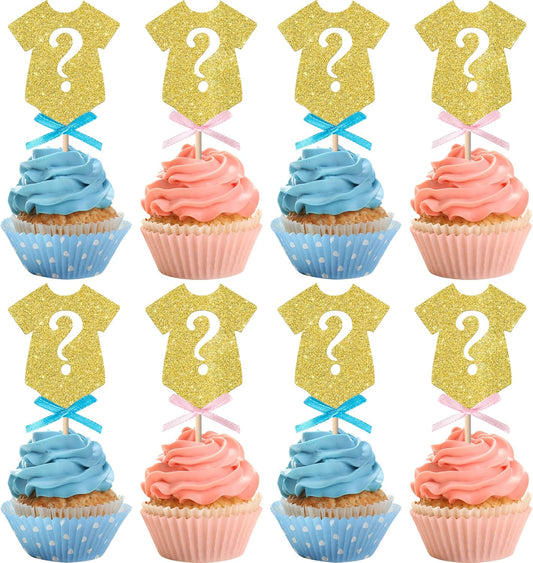 Rsstarxi 24 Pack Gender Reveal Cupcake Toppers Boy or Gir Gender Reveal Party Decorations Pink or Blue Bow Tie Cupcake Picks for Baby Shower Party Cake Decorations Gold