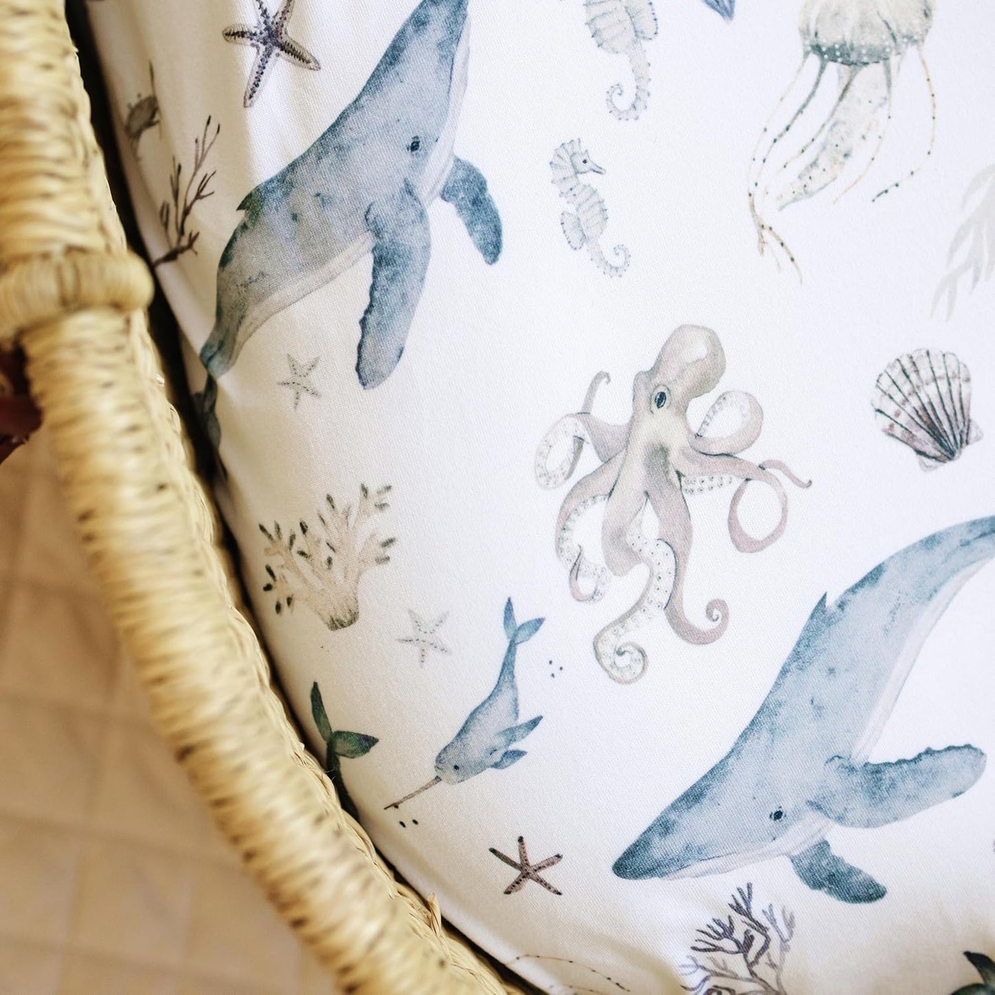 Baby Bassinet Sheets for Boy, Girl (Ocean Odyssey) 2-Pack - Fitted Bedside Bassinet Sheets - Buttery Soft Cotton Blend for Standard Mattress Pad - Compatible with Halo BassiNest