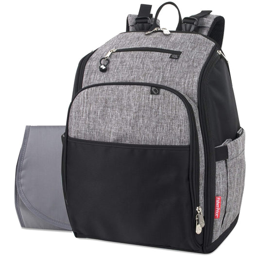 Fisher Price Diaper Bag Backpack with Changing Pad and Stroller Straps, Grey, Large