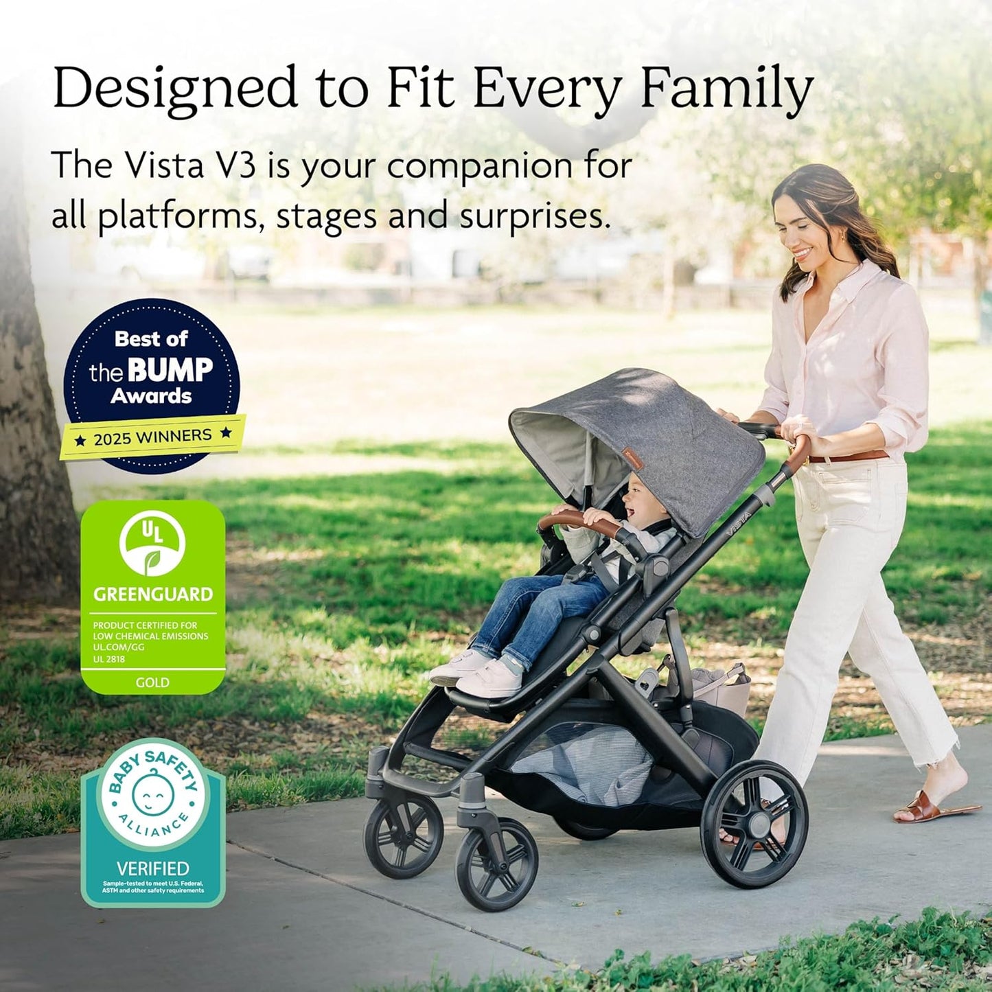 UPPAbaby Vista V3 Stroller - Full-Size Single-To-Double Stroller System - Toddler Seat, Bug Shield, Rain Shield, and Storage Bag Included - Savannah (Pearl Gray Jacquard/Carbon Frame/Chestnut Leather)