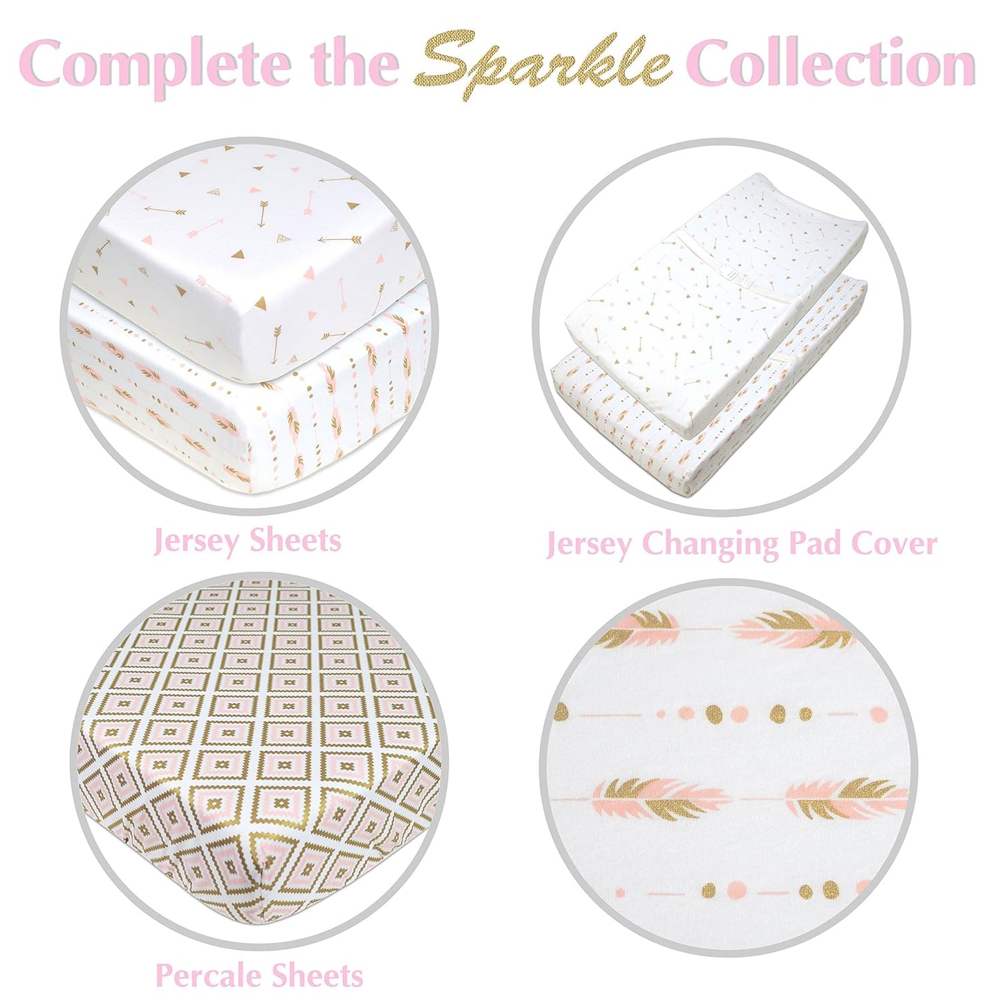 American Baby Company 2 Pack Printed 100% Cotton Knit Fitted Contoured Changing Table Pad Cover - Compatible with Mika Micky Bassinet, Sparkle Gold/Pink Feathers/Arrows, for Boys and Girls