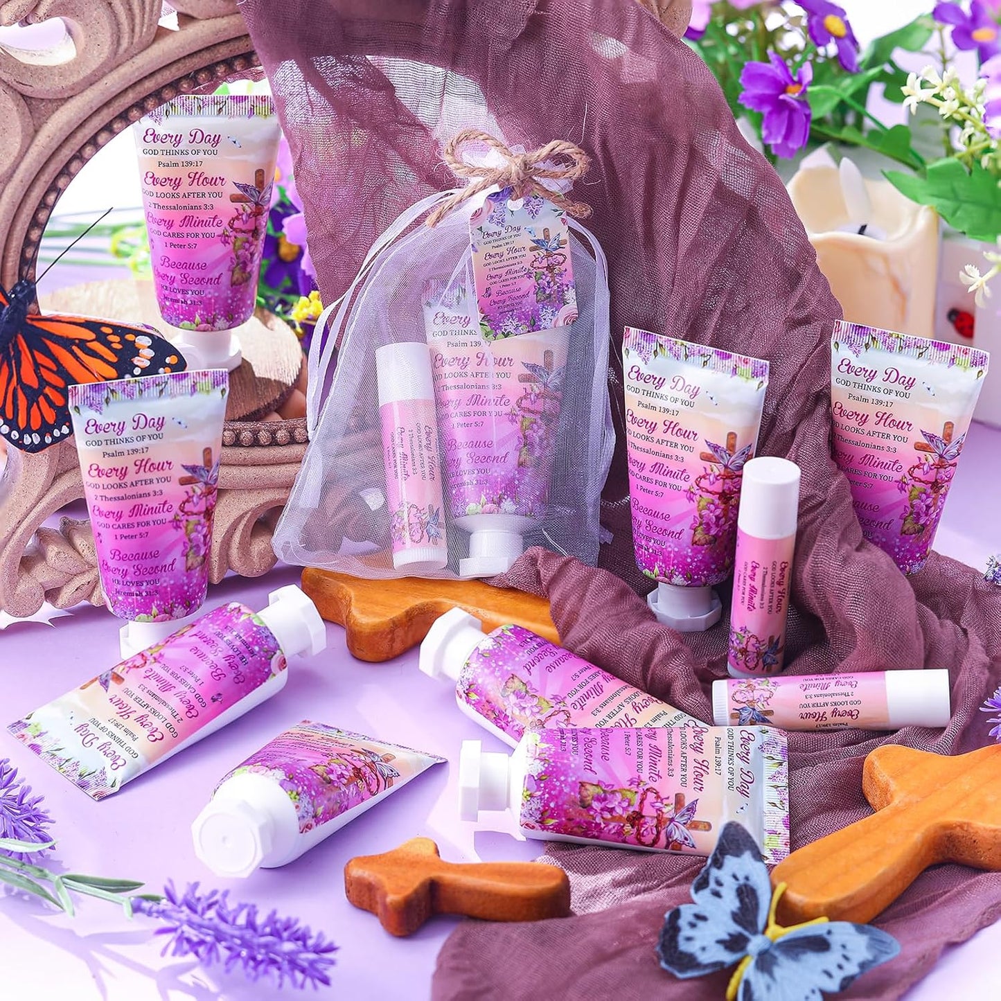 24 Sets Christian Hand Cream and Lip Balm Gift Set Christmas Christian Gift for Women Travel Size Hand Lotion Bible Verse Lip Balm Bulk for Baby Bridal Shower Mom Holiday Gift(Cross)