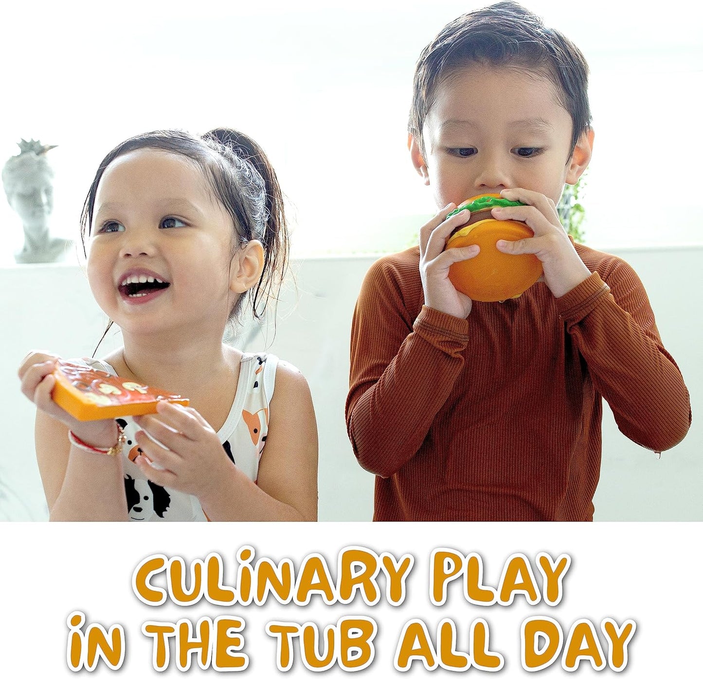 SplashEZ Food Bath Toys | Mold Free Bath Toys for Kids & Toddlers with No Hole for Water | Ideal Size for Little Hands | Safe, Durable for Baby Tub Ages 0 & Up | Ice Cream Taco Hamburger Hot Dog Pizza