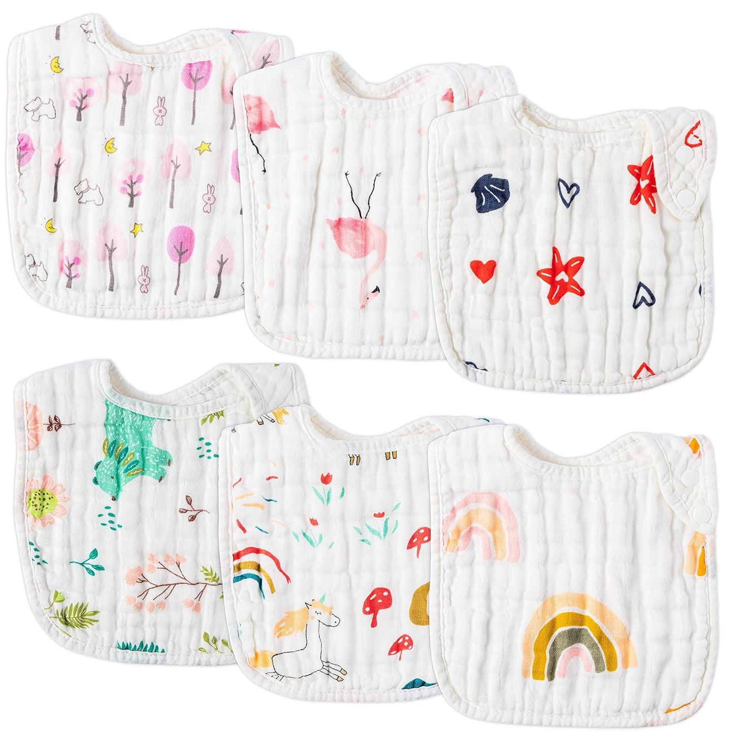 Zainpe 6Pcs Snap Muslin Cotton Bibs for Baby Rainbow Unicorn Flamingo Machine Washable Burp Cloths with 6 Absorbent Soft Layers for Girl&Boy Infant Newborn Toddler Feeding Drooling Teething