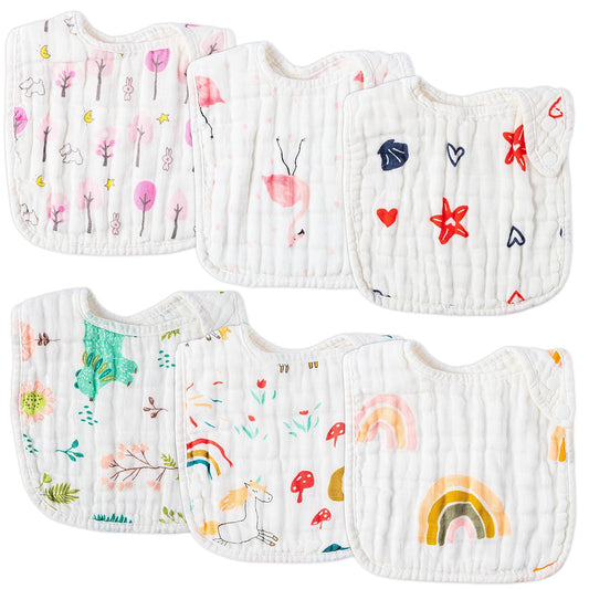 Zainpe 6Pcs Snap Muslin Cotton Bibs for Baby Rainbow Unicorn Flamingo Machine Washable Burp Cloths with 6 Absorbent Soft Layers for Girl&Boy Infant Newborn Toddler Feeding Drooling Teething