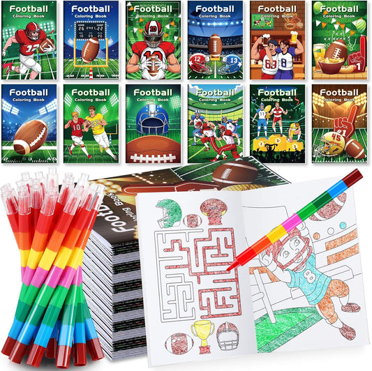 BenLouis 12 Football Mini Coloring Books Kids with 12 Stacking Crayons Sports Football Theme Party Favors Small Activity Books Bulk for Kids Super Football Bowl Party Gift Goodie Bag Stuffers